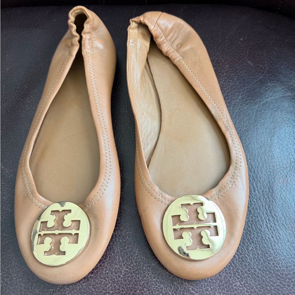 Tory Burch Tan Leather Ballet Flats with Logo Medallion